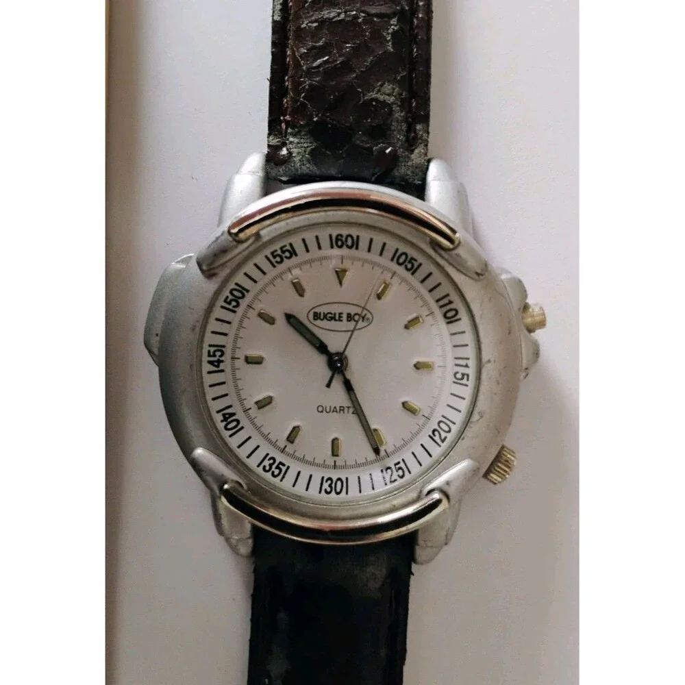 Vintage Bugle Boy Quartz Watch White Dial Fresh Battery Needs new strap as-is